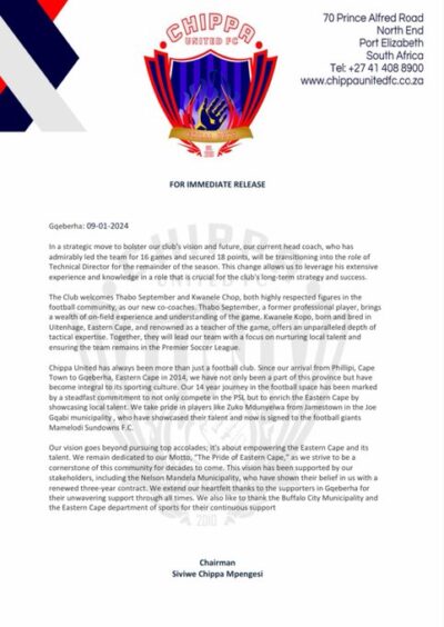 Chippa United statement.