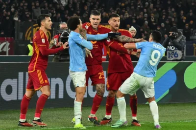 Roma and Lazio players confront each other.